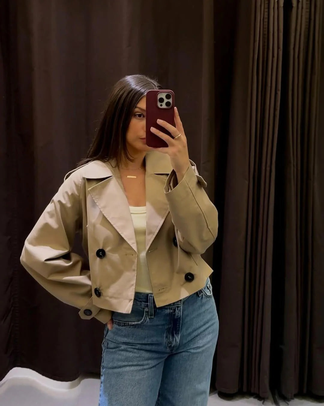 Women's Short Double-Breasted Trench Coat Defined Lapels