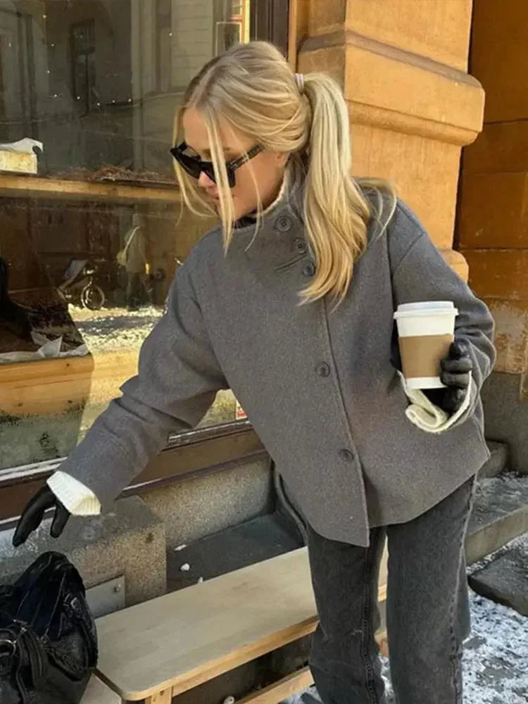 Women's Short Button Coat High Collar Modern Elegant