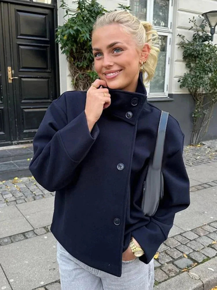 Women's Short Button Coat High Collar Modern Elegant