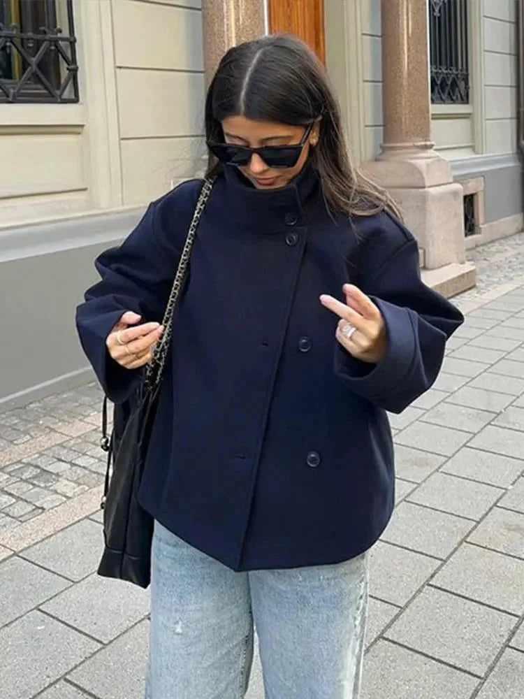 Women's Short Button Coat High Collar Modern Elegant