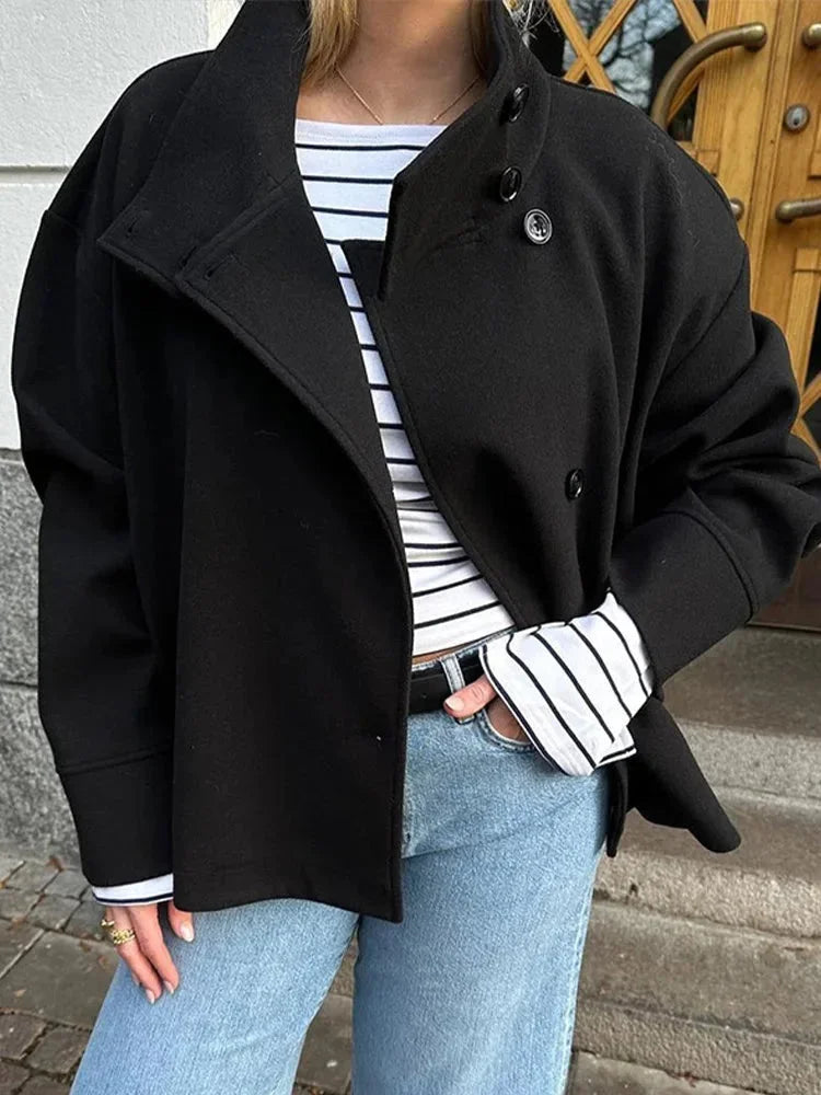 Women's Short Button Coat High Collar Modern Elegant