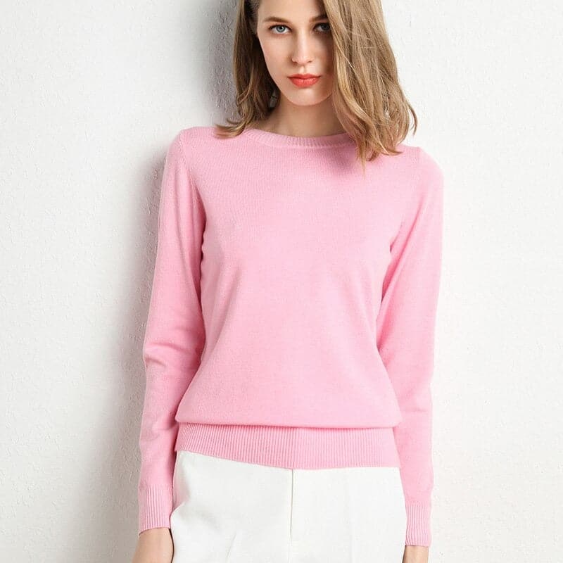 Women's Cashmere-Blend Sweater Round Neck Ribbed Trims