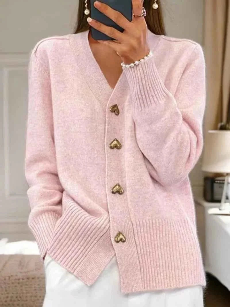 Women's Button-Up Cardigan Round Neck Straight Cut
