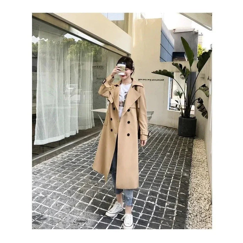 Women's Long Trench Coat with Double Button Closure
