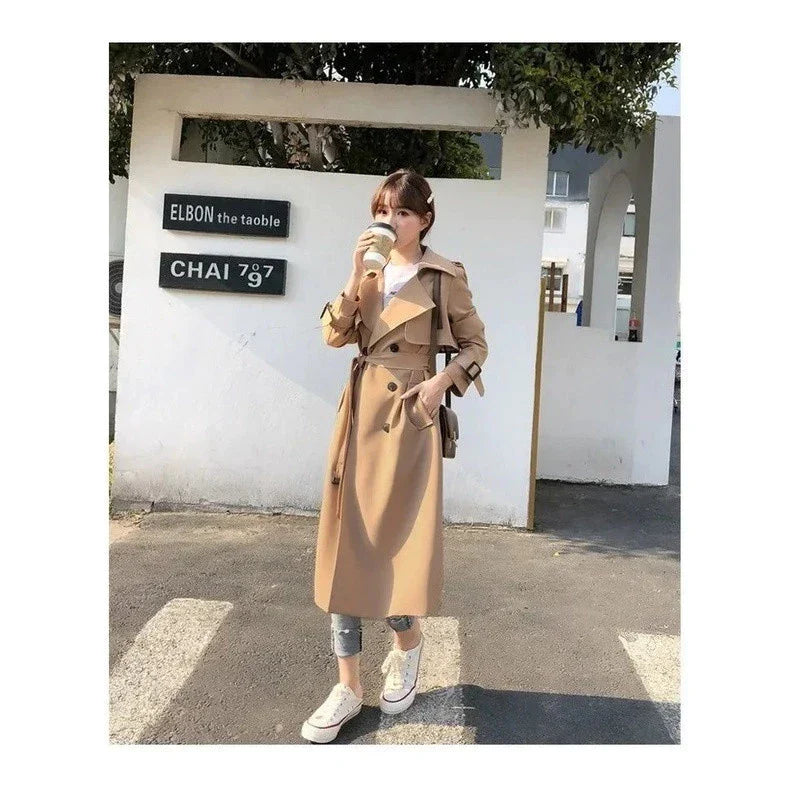 Women's Long Trench Coat with Double Button Closure