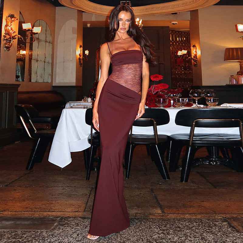 Women's Bodycon Maxi Dress Lace Corset Tie Straps