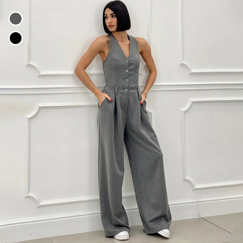 Sleeveless Jumpsuit with Wide Legs and Button Closure