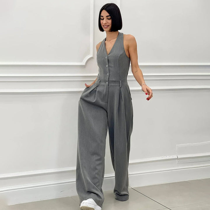 Sleeveless Jumpsuit with Wide Legs and Button Closure