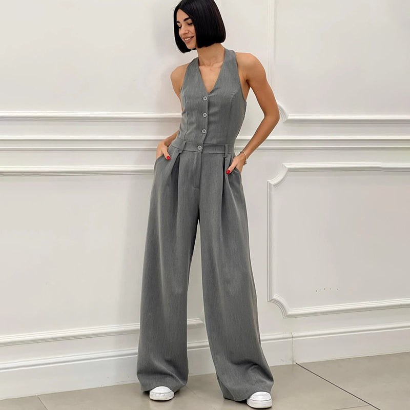 Sleeveless Jumpsuit with Wide Legs and Button Closure