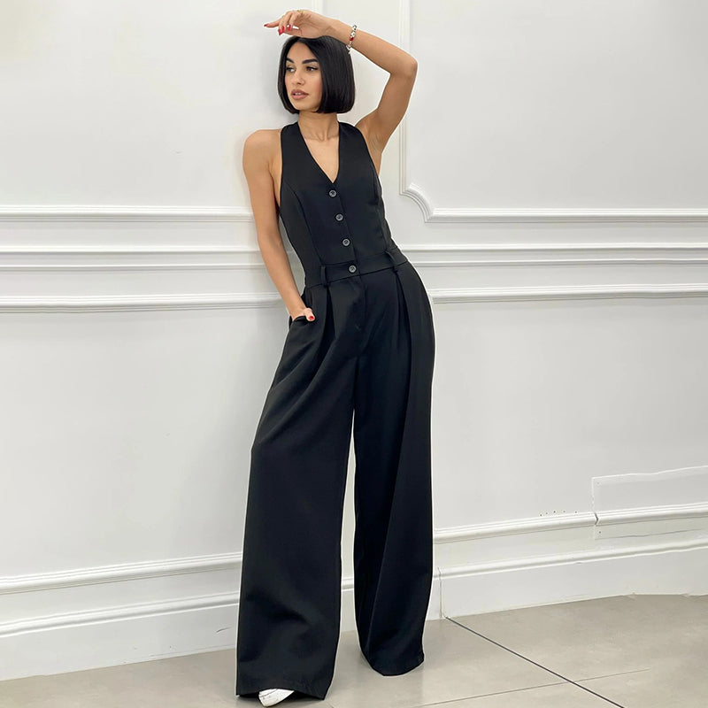 Sleeveless Jumpsuit with Wide Legs and Button Closure