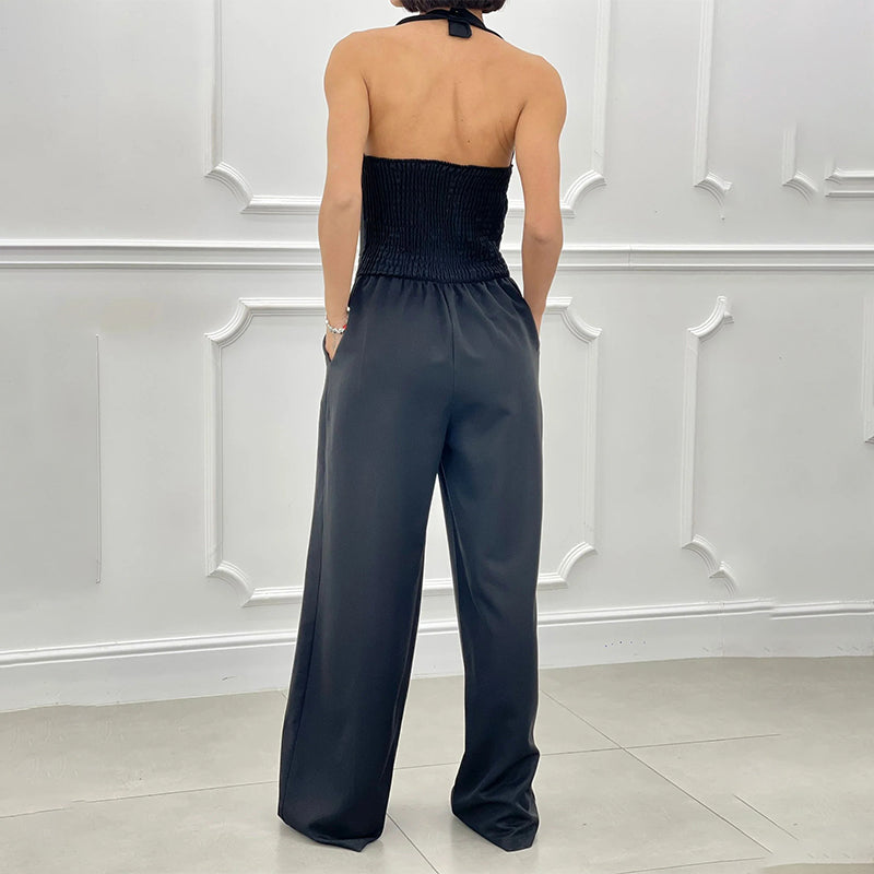 Sleeveless Jumpsuit with Wide Legs and Button Closure