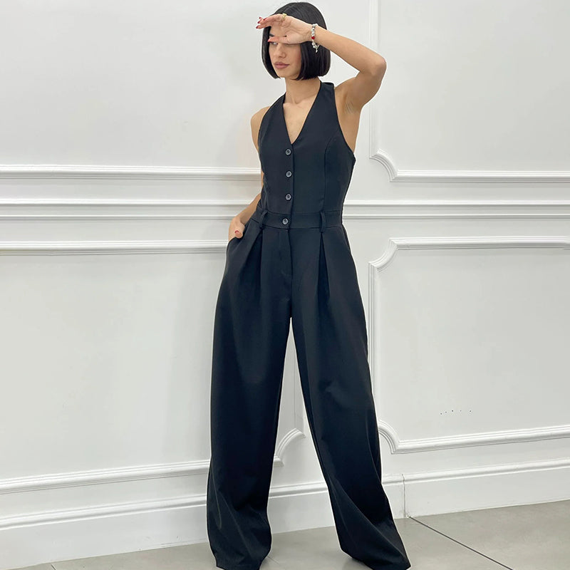 Sleeveless Jumpsuit with Wide Legs and Button Closure