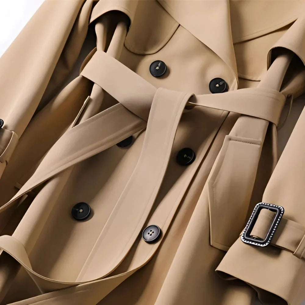 Women's Long Belted Trench Coat Lapel Classic Elegant