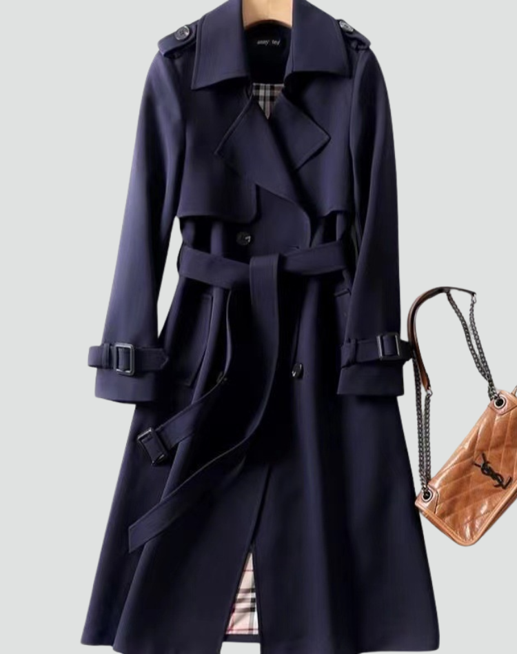 Women's Long Trench Coat with Double Button Closure