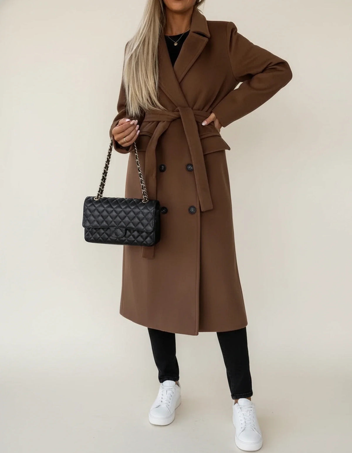 Abrigo midi con cinturón para mujer, cruzado y con solapas de muesca