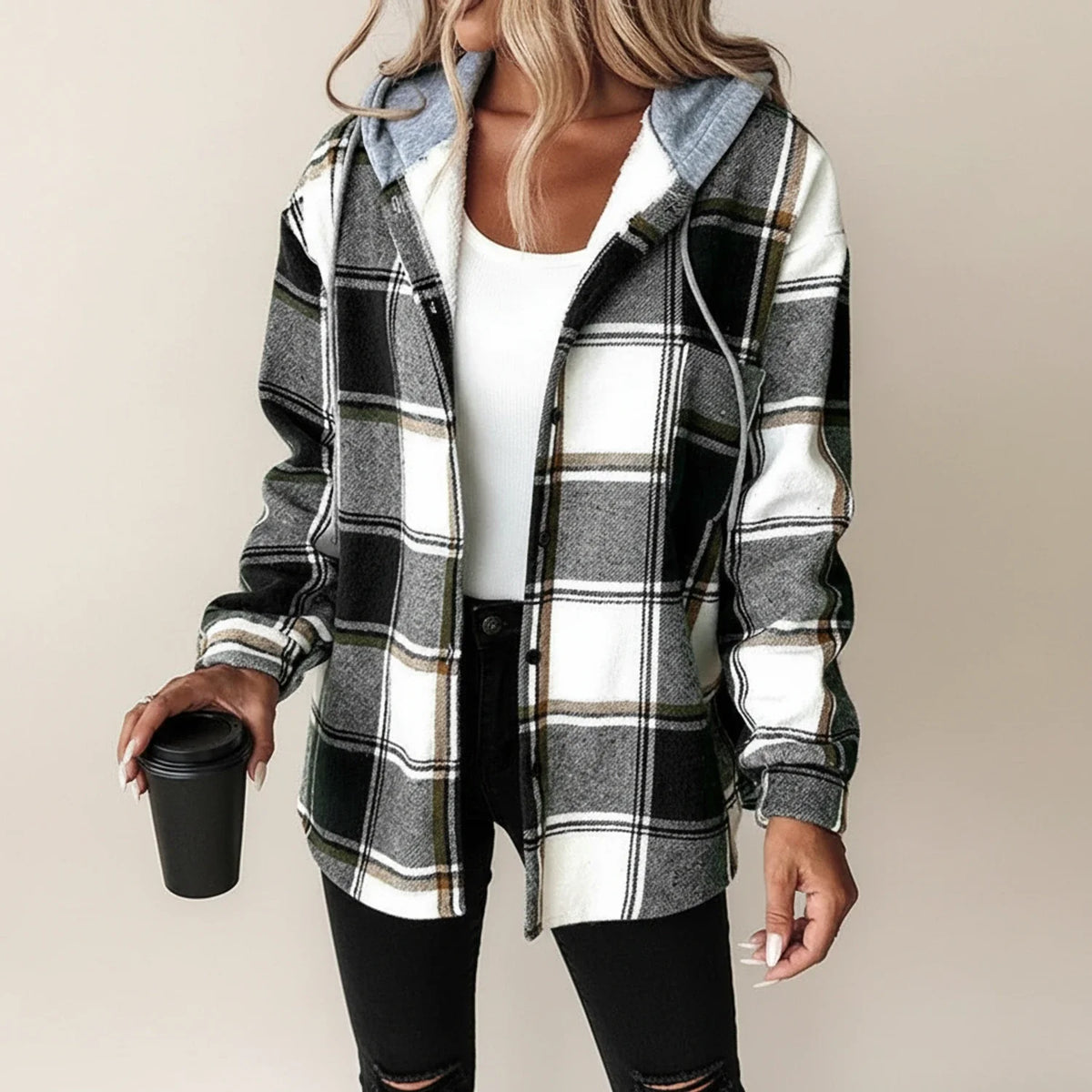 Sobrecamisa de cuadros para mujer, con capucha y cierre de botones
