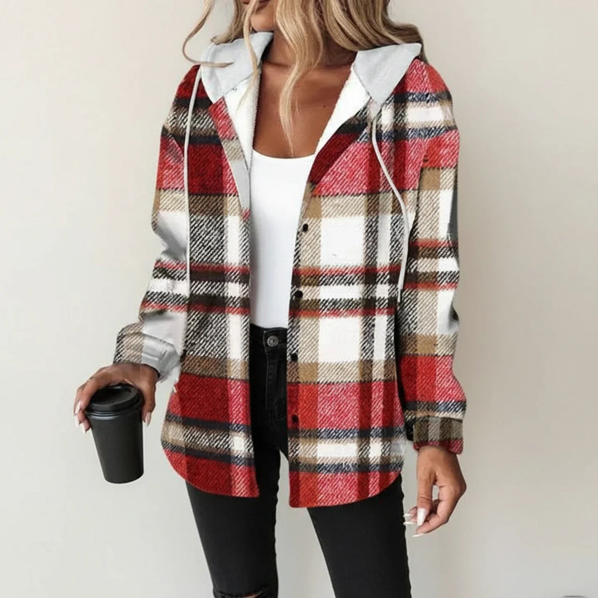 Sobrecamisa de cuadros para mujer, con capucha y cierre de botones
