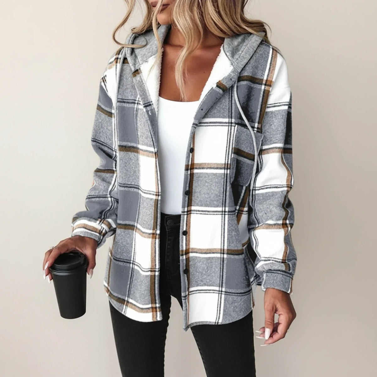 Sobrecamisa de cuadros para mujer, con capucha y cierre de botones