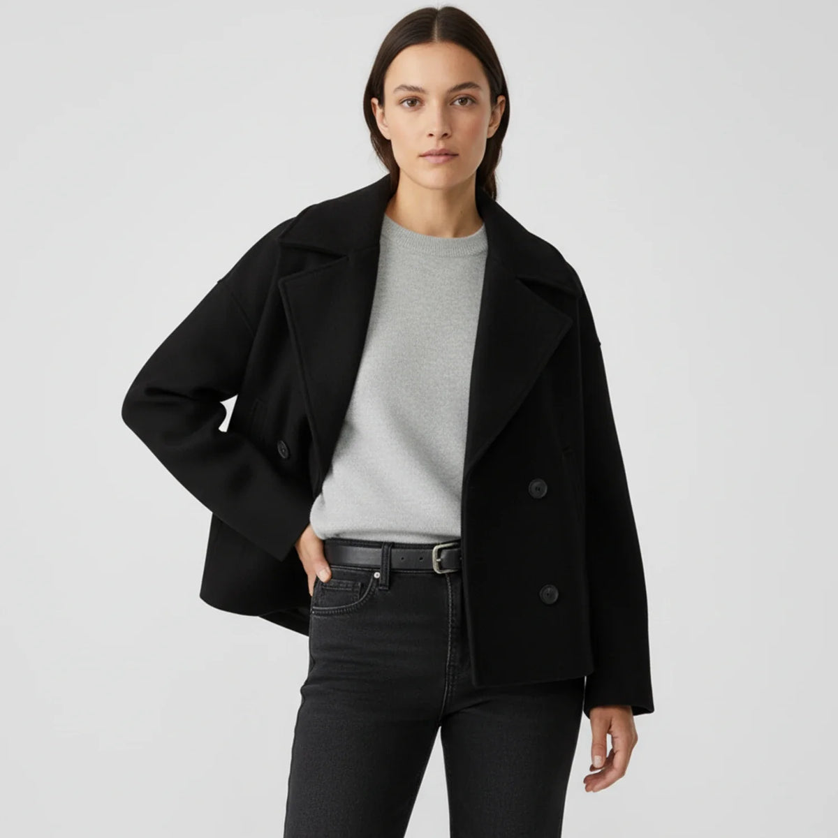 Women's Cropped Peacoat Double-Breasted Drop Shoulder