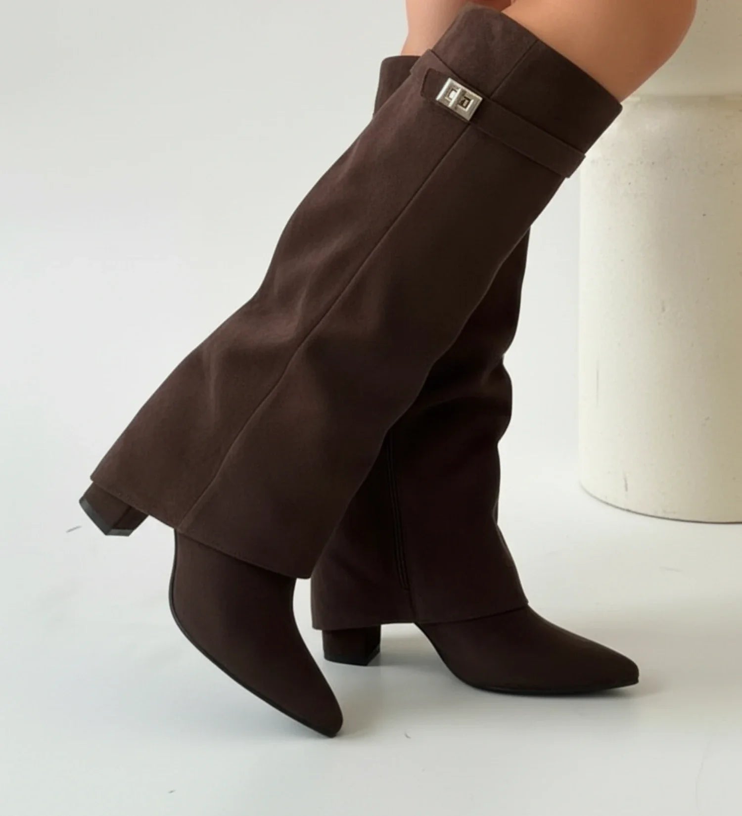 Women's Knee-High Slouch Boots Pointed Toe Buckle Detail