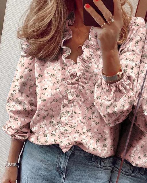 Women's Ruffle Blouse V-Neck Long Sleeve Elasticated Cuffs