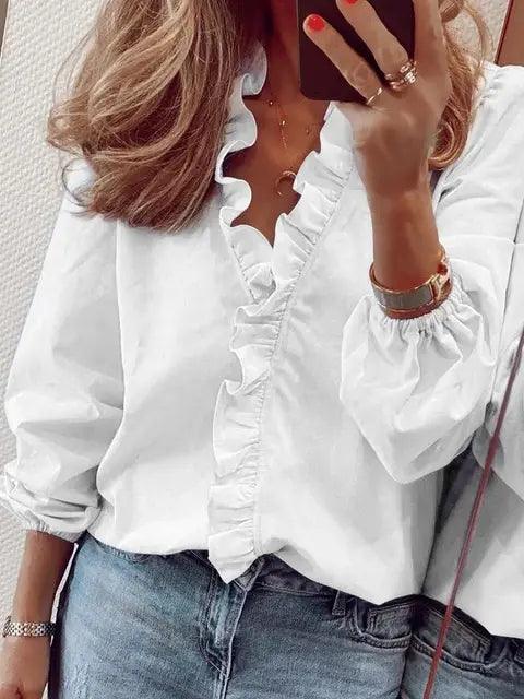 Women's Ruffle Blouse V-Neck Long Sleeve Elasticated Cuffs