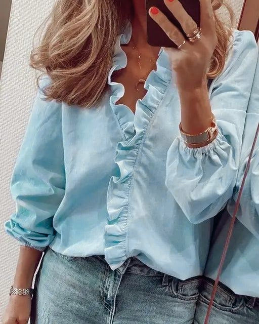 Women's Ruffle Blouse V-Neck Long Sleeve Elasticated Cuffs