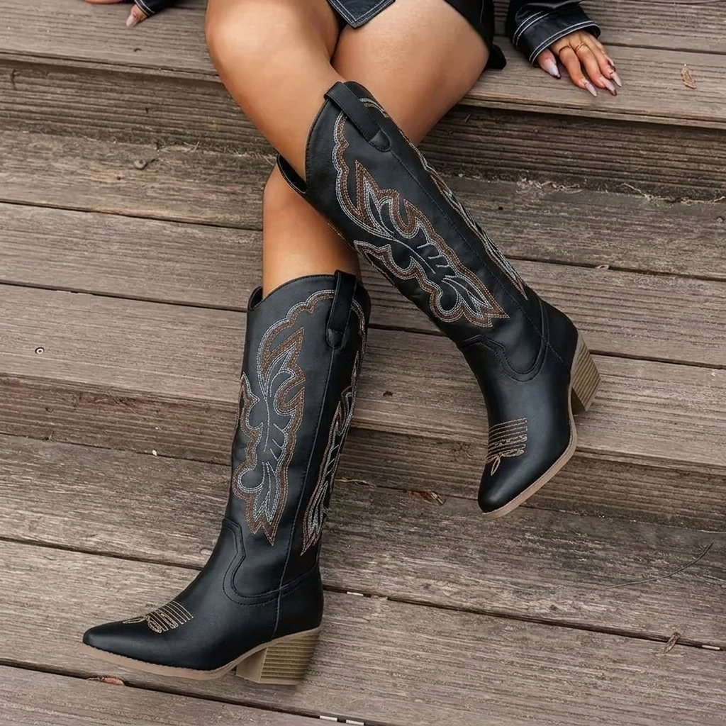 Women's Cowgirl Boots Embroidered Knee-High Block Heel