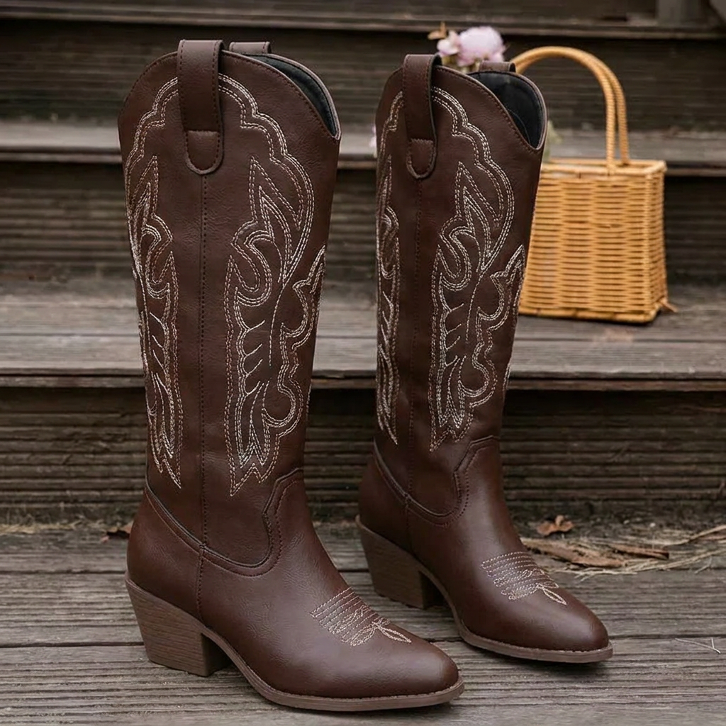 Women's Cowgirl Boots Embroidered Knee-High Block Heel