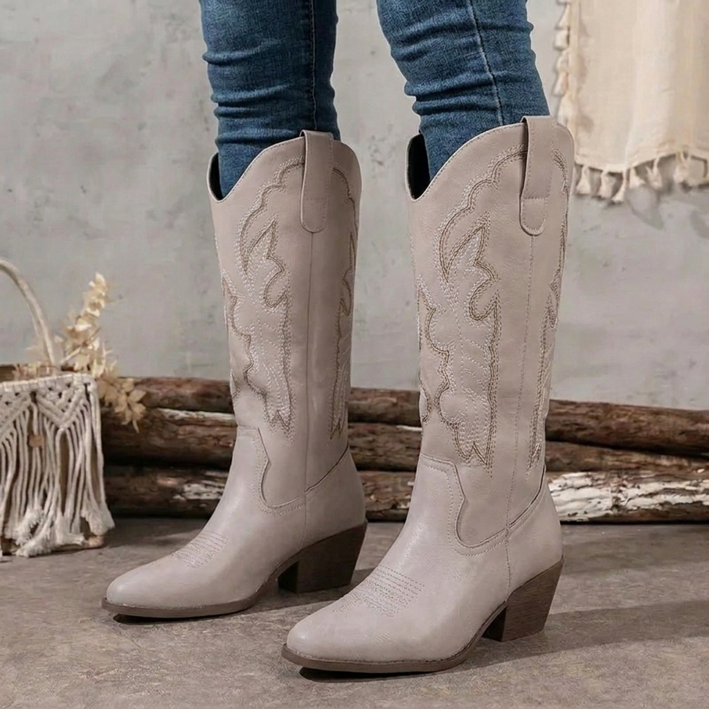 Women's Cowgirl Boots Embroidered Knee-High Block Heel