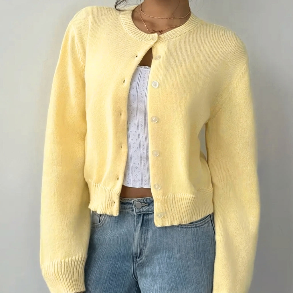 Women's Cropped Knit Cardigan Ribbed Trim Button Up