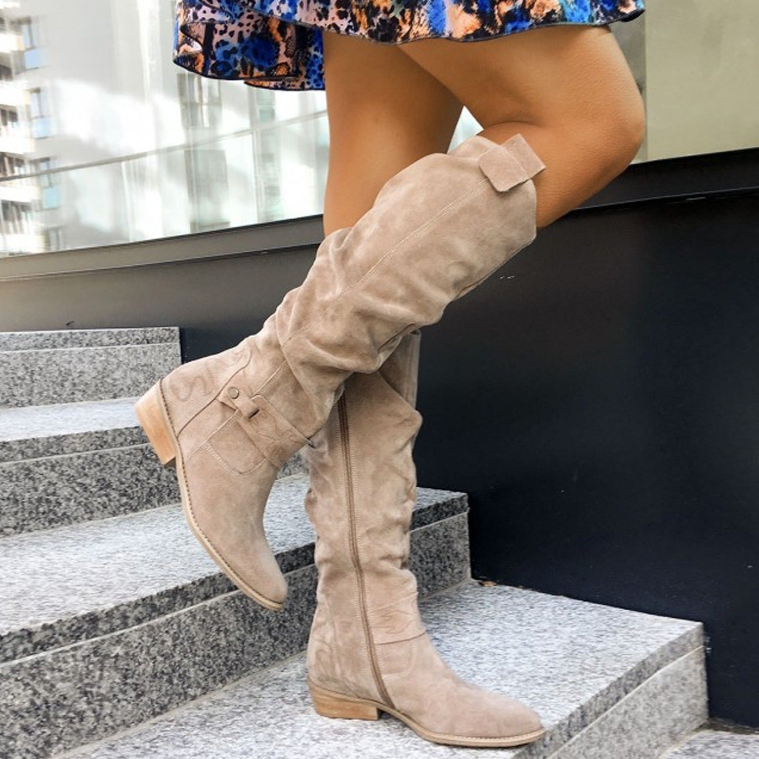 Women's Knee-High Slouch Boots Low Block Heel Pull-On