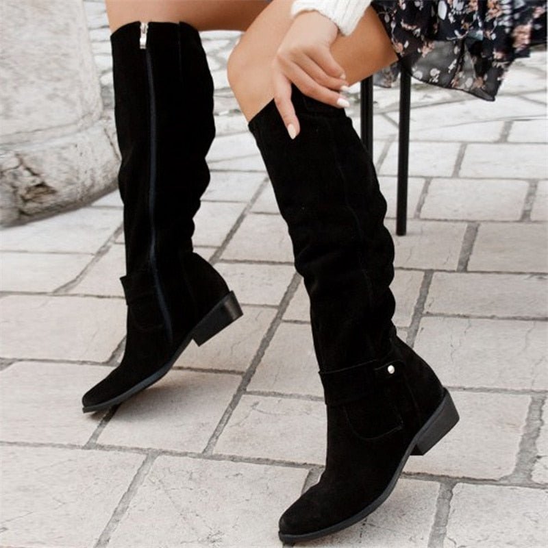 Women's Knee-High Slouch Boots Low Block Heel Pull-On