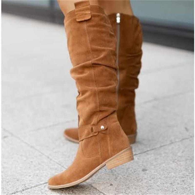 Women's Knee-High Slouch Boots Low Block Heel Pull-On