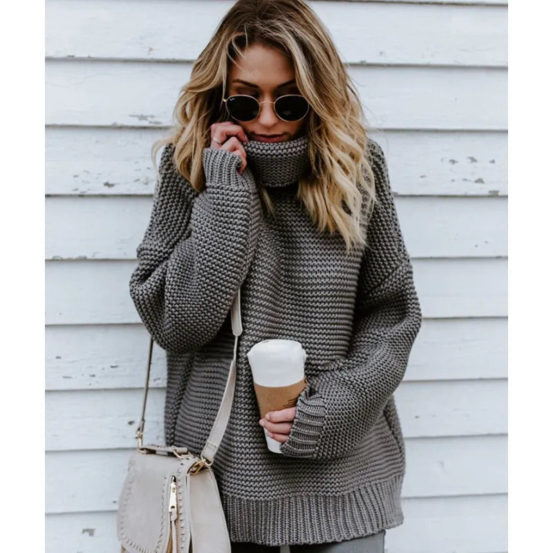 Pull en maille long à col roulé pour femme