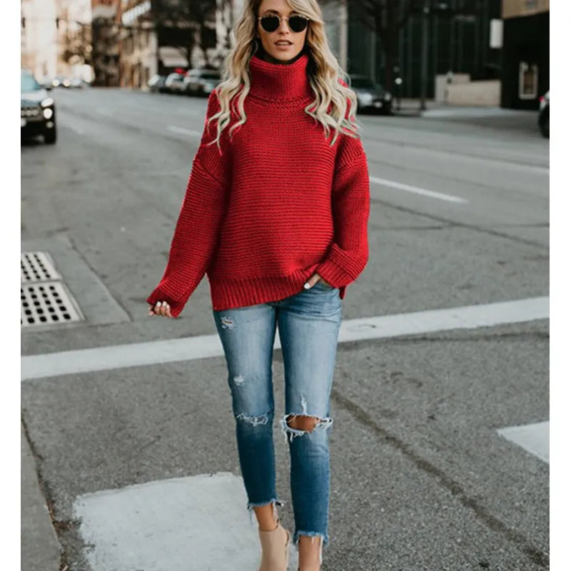 Pull en maille long à col roulé pour femme