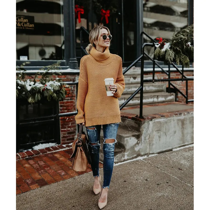 Pull en maille long à col roulé pour femme