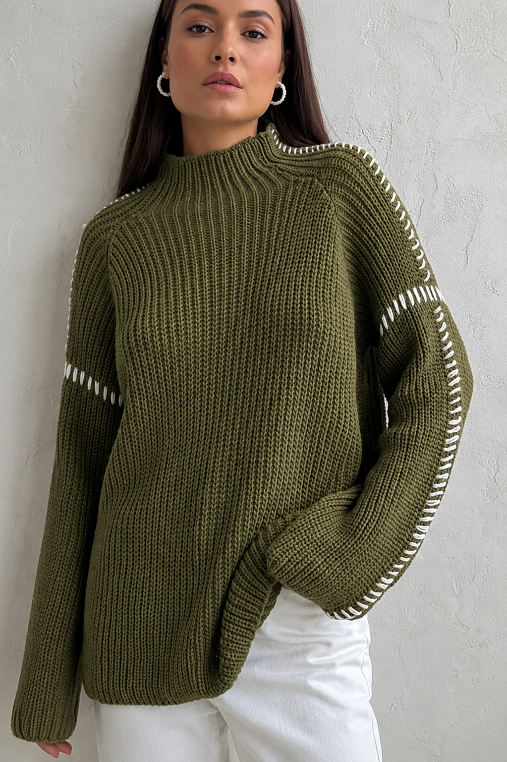 Women's Chunky Oversized Mock Neck Jumper with Contrast