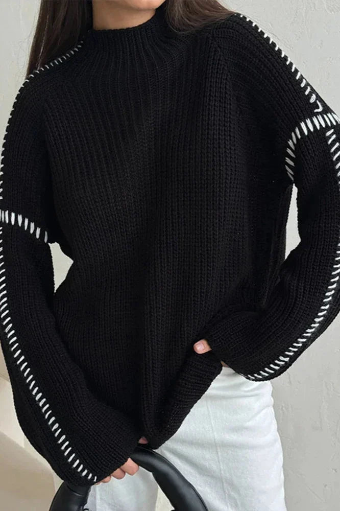 Pull oversize épais à col cheminée pour femme avec détails contrastants