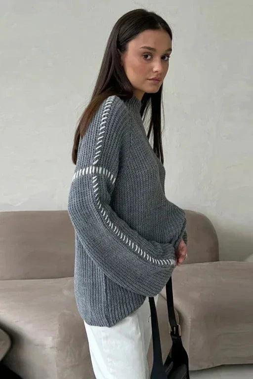 Pull oversize épais à col cheminée pour femme avec détails contrastants