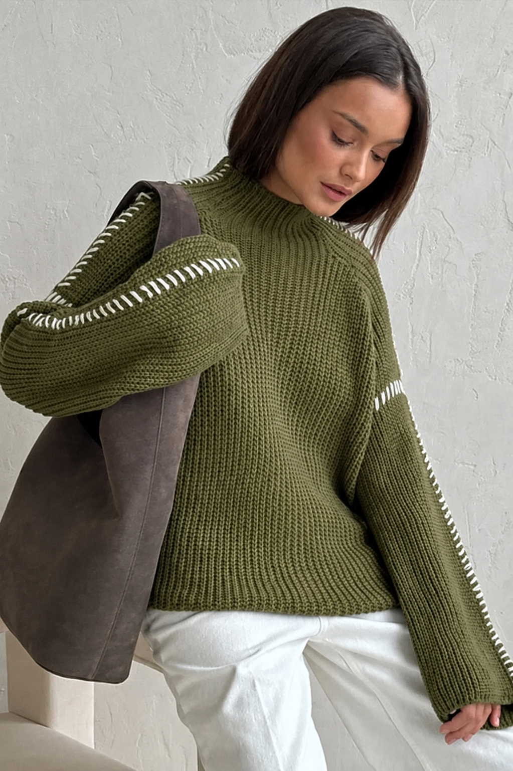 Women's Chunky Oversized Mock Neck Jumper with Contrast