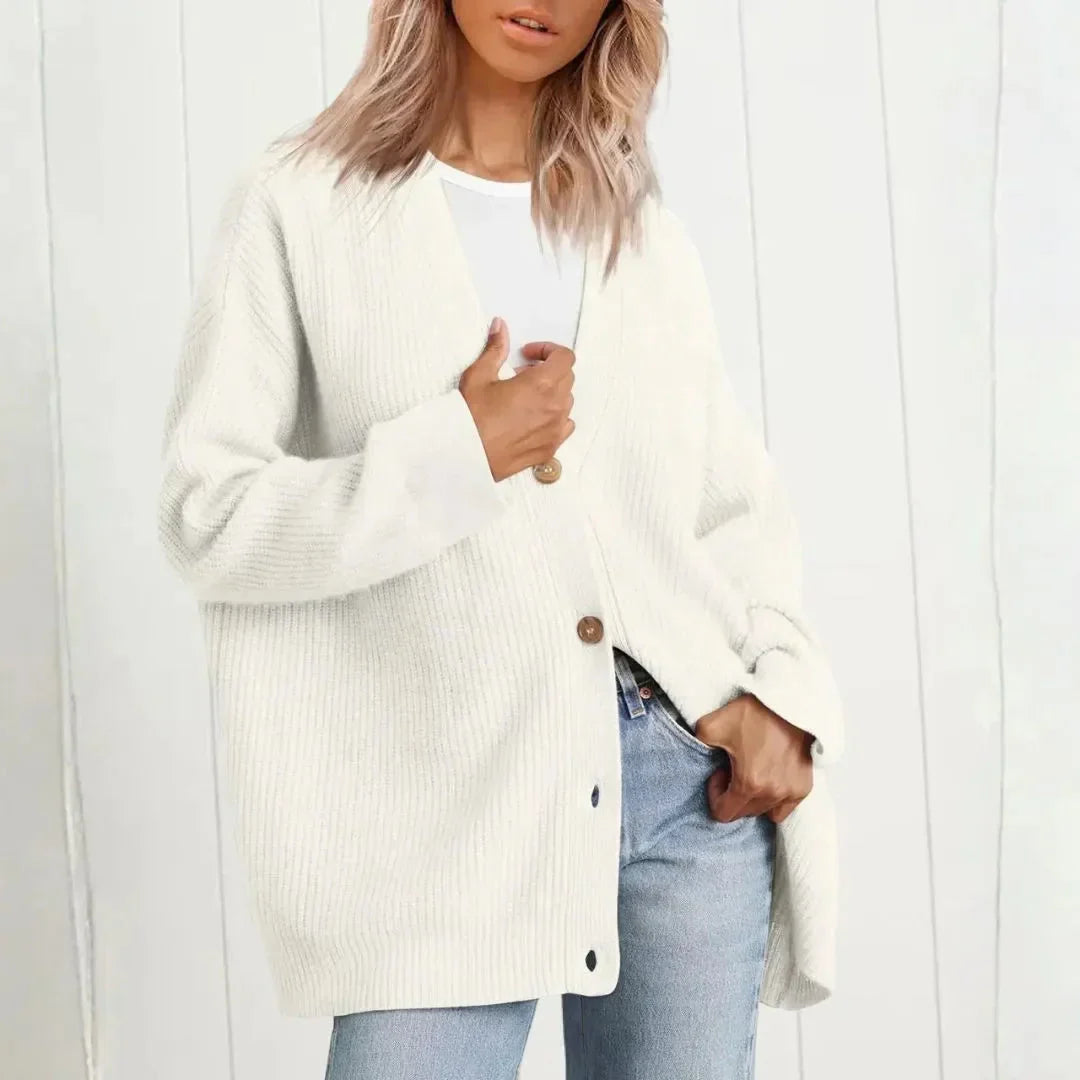 Women's Longline Ribbed Cardigan Deep V-Neck Side Splits