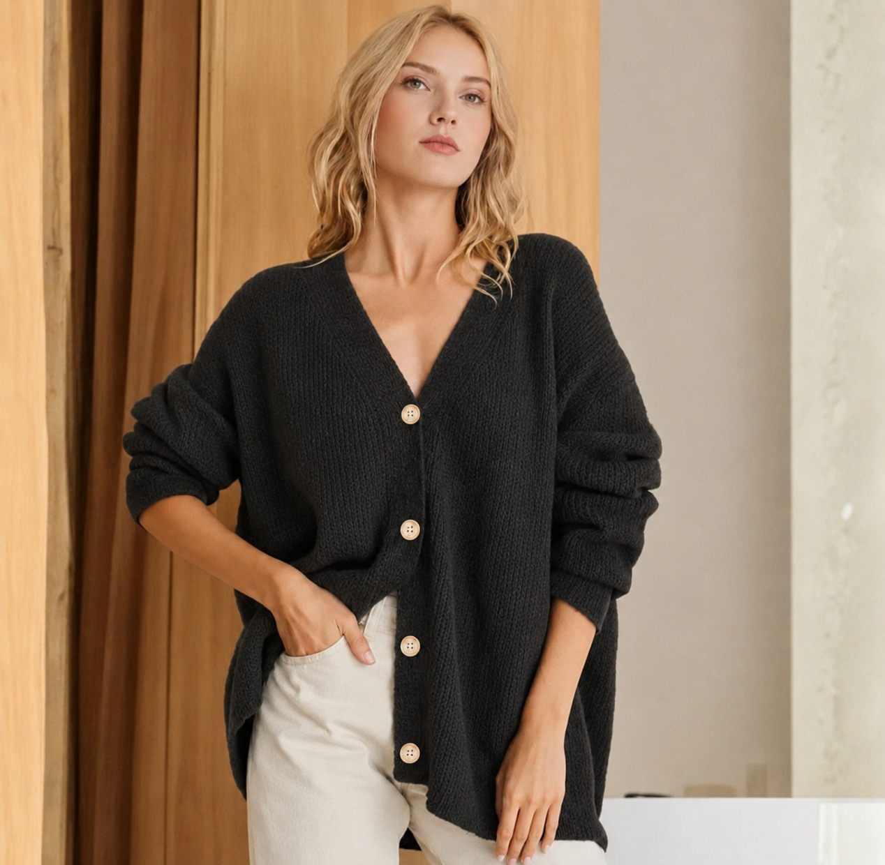 Women's Longline Ribbed Cardigan Deep V-Neck Side Splits