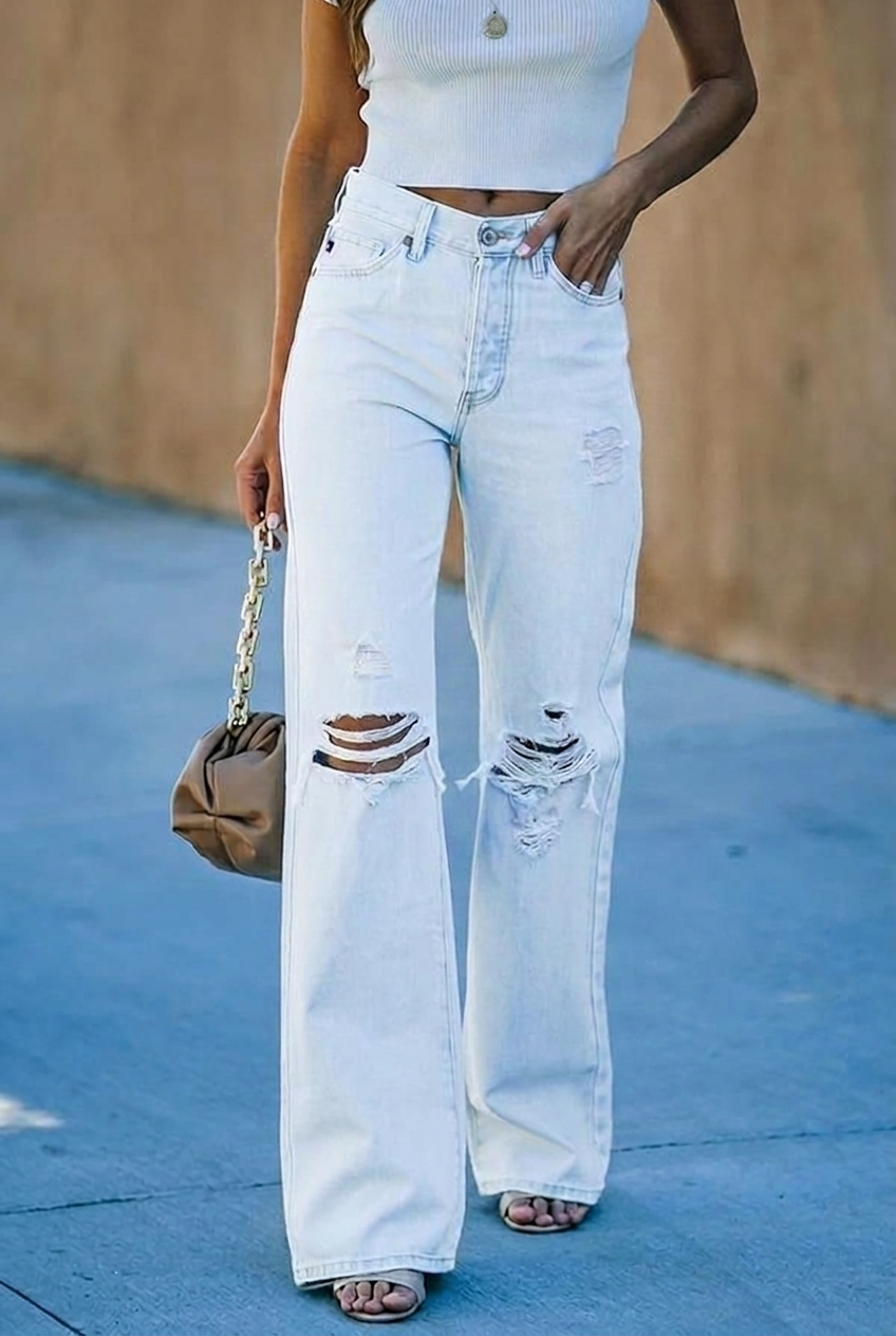 Women's Wide-Leg Jeans High-Waisted Distressed Knee