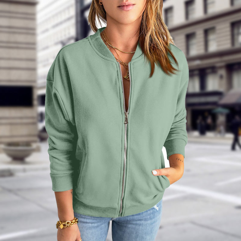 Women's Casual Zip-Up Bomber Jacket with Pockets
