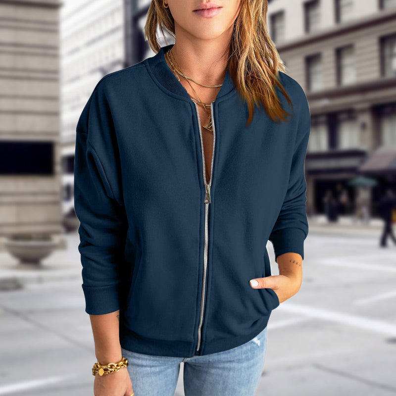 Blouson bomber décontracté à fermeture zippée pour femme avec poches